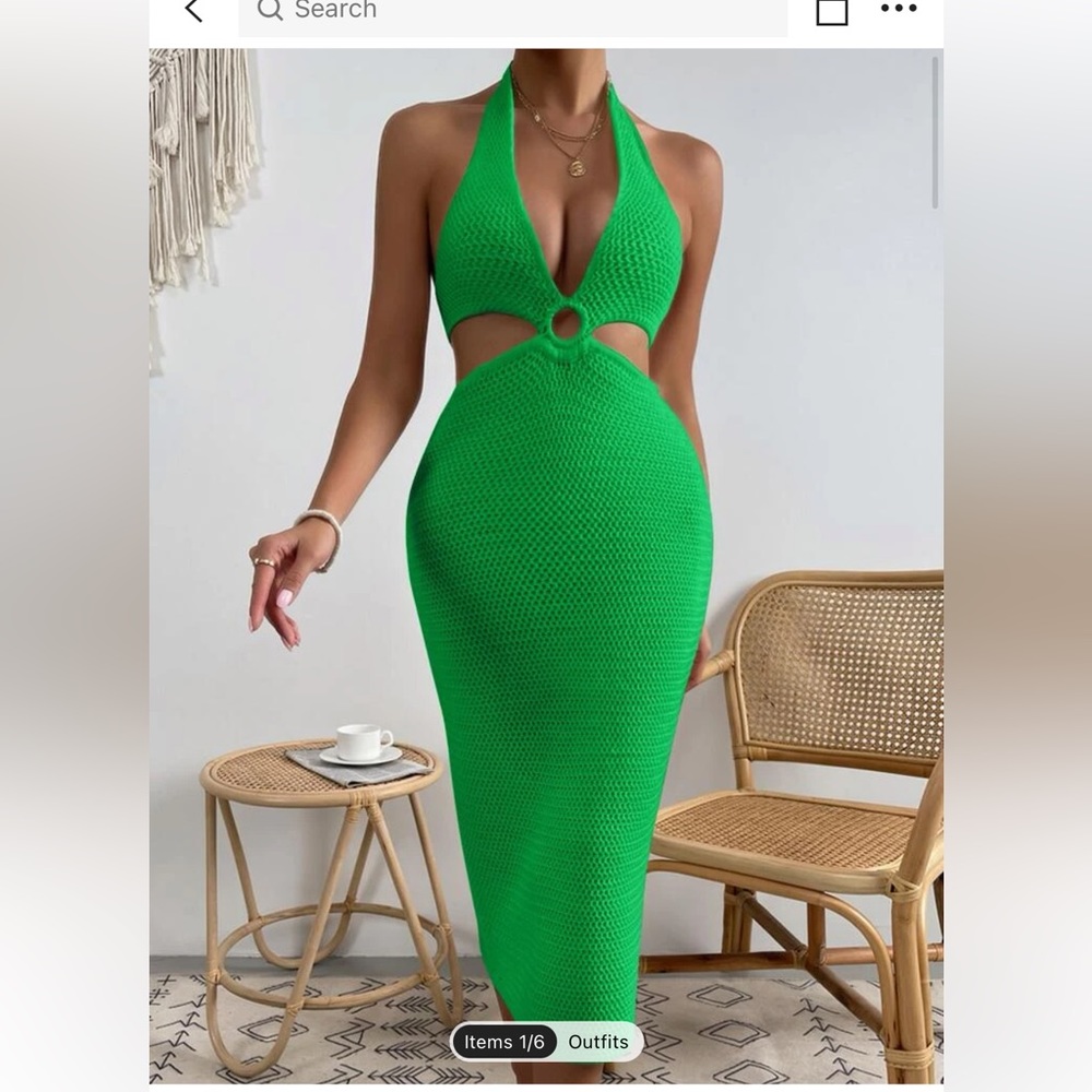 Shein O-ring Cut Out Tie Backless Halter Cover Up Dress Green Size Large